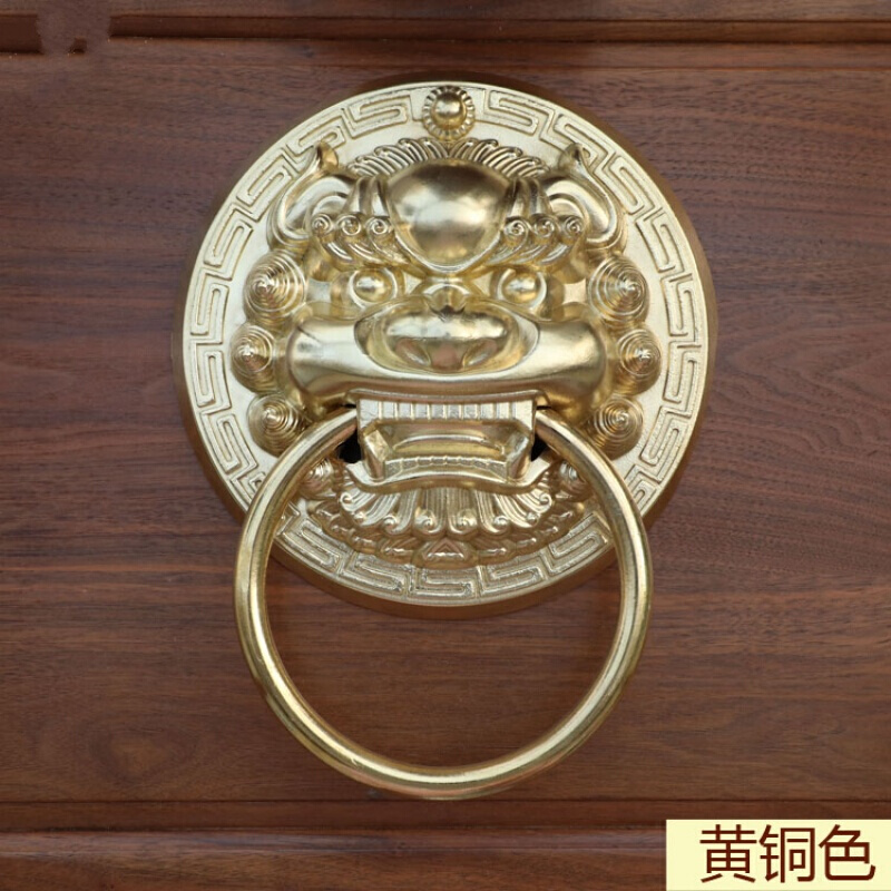 中式仿古铜大兽头环铜狮子头虎头头把手复古木拉手 20cm(黄铜色)实心圆环一只高清大图