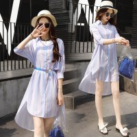 蓝白条纹长袖衬衫裙女夏女士新品中长款连衣裙秋装气质女装直筒裙