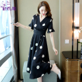 波点连衣裙女夏2023新款女装感法式气质收腰修身显瘦雪纺裙子 M 6608黑底白点