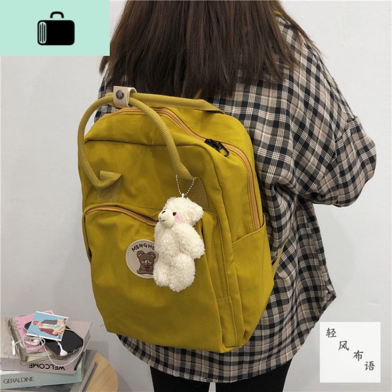 日系古着感少女书包 学院风森系可爱背包韩版ins复古学生双肩包女NEW LAKE 黄绿色+背部防盗+腮红小熊