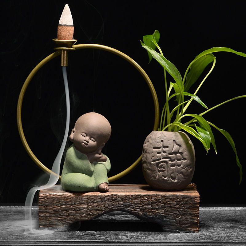 风化木小和尚倒流香香炉禅意摆件创意陶瓷香插家用茶道檀香香薰炉