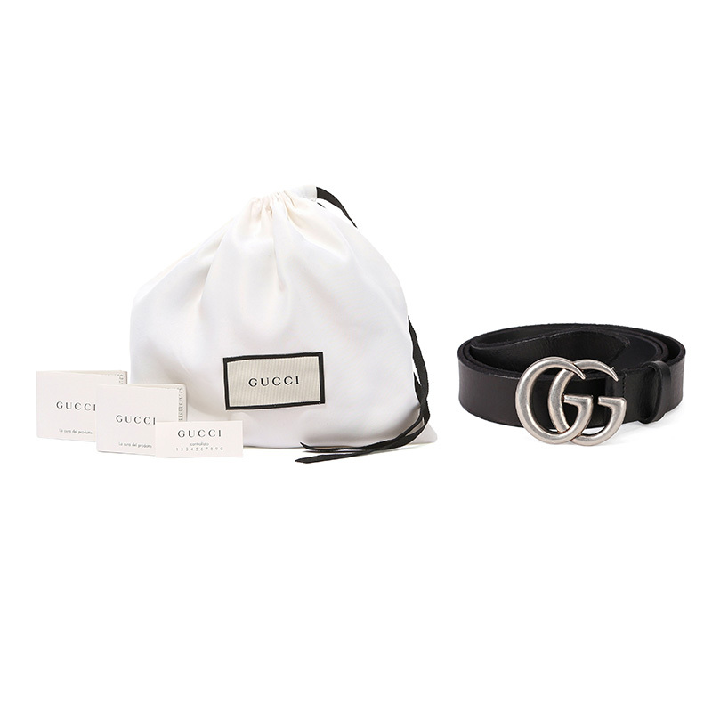 GUCCI 古驰 男士双G做旧扣头牛皮皮带腰带黑色90(适合30-33裤围)