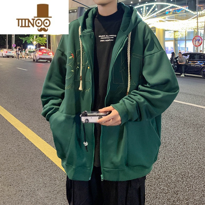 YANXU连帽卫衣男宽松拉链开衫外套美式潮牌刺绣情侣长袖外Y高清大图