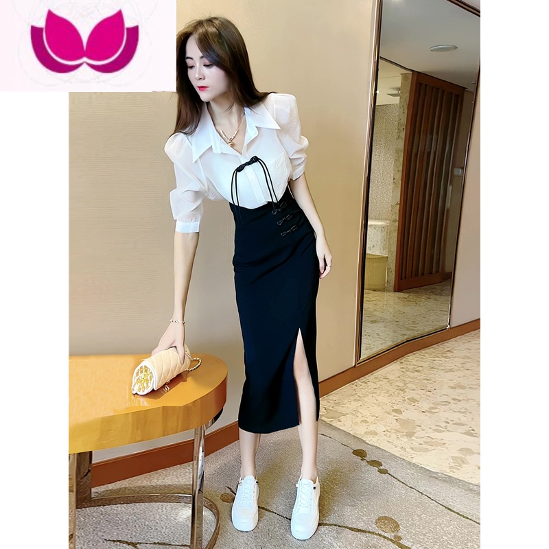 七斓时尚复古盘扣气质系带衬衫2023夏季新款高腰开叉半身裙套装女 M码建议101-110斤 白色上衣黑裙+白裹胸(三件套)