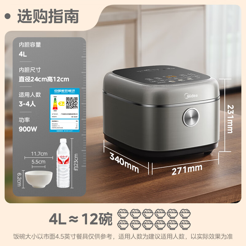 美的(Midea)电饭煲家用4升电饭锅2-6人抗菌不粘内胆热饭炖煮煲汤快速饭多功能煮米饭锅MB-4E02R高清大图
