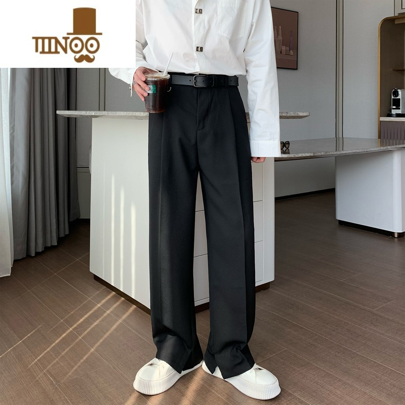 YANXU 高腰纯色西装长裤男宽松韩版垂感直筒休闲开叉西裤潮