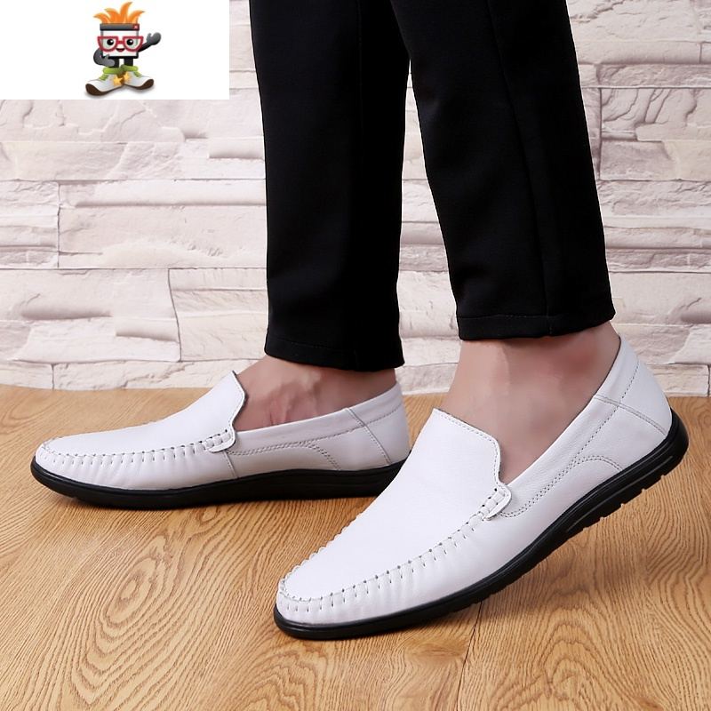 白色皮鞋男春季透气男鞋男式商务休闲软底白鞋豆豆鞋子懒人鞋闪潮休闲