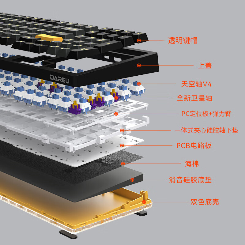 达尔优A98pro机械键盘三模热插拔游戏办公PBT键帽全键可换轴RGB弹力臂gasket结构天空轴V4-沉石金