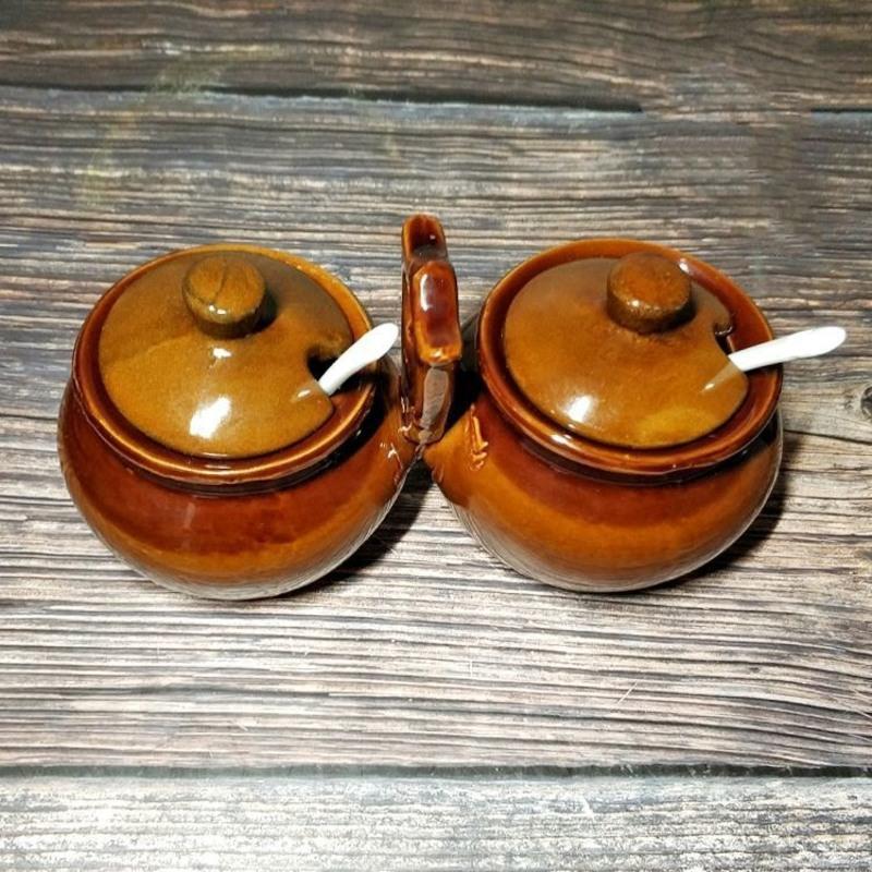复古连体调味罐调料罐陶瓷老式油盐罐土陶双头调料盒怀旧带盖和勺
