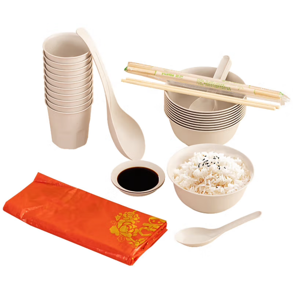 佳茉/JIAMO 一次性稻壳餐具 碗筷勺杯碗碟 100套/箱 一箱