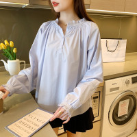唐狮秋季新款女圆领花边长袖衬衫百搭上衣减龄别致时髦潮流