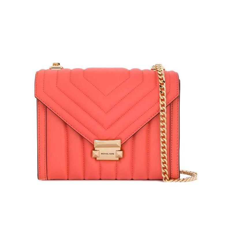 迈克·科尔斯(MICHAEL KORS)大号单肩包女橙红羔羊皮金点缀绗缝效