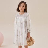 moomoo童装女童休闲公主裙2021春秋新款女孩A型飘逸绣花网纱裙子_520 110cm(110/56) 冬日白