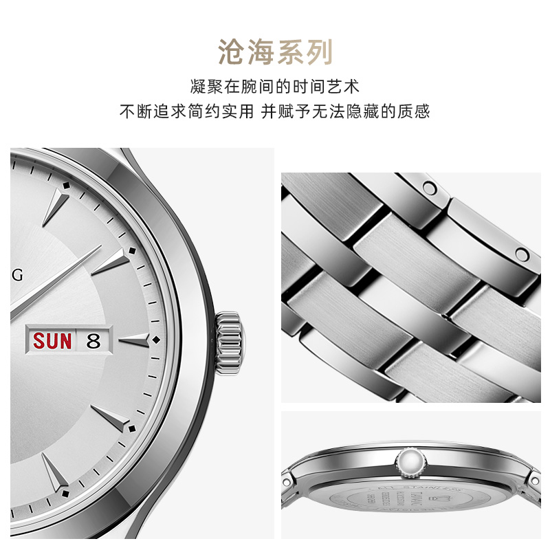 [推荐好货]天王表手表男表商务简约休闲手表双历钢带石英男士手表GS3626白高清大图