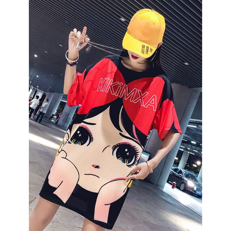 下衣失踪速干T恤女中长款2018夏宽松hiphop衣服卡通嘻哈少女上衣黑色(撑脸女孩)