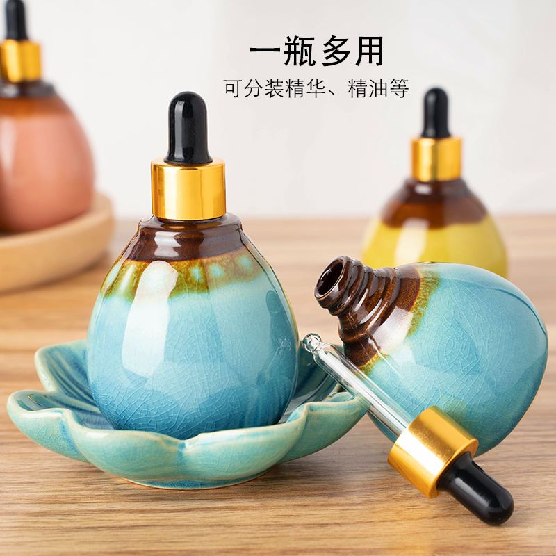 美容院用品玻璃精油瓶小空瓶子化妆品瓶精华液滴管分装瓶陶瓷复古 小号蓝色-密封精油空瓶50ml