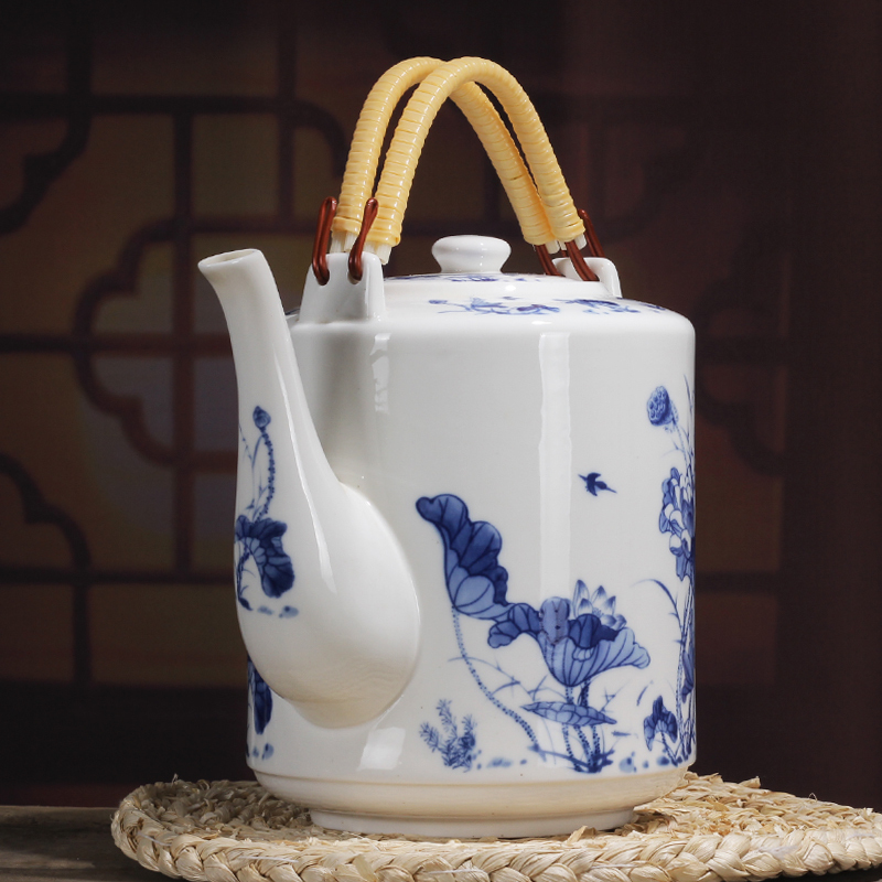 lichen景德镇陶瓷材质水壶提梁壶大容量凉水壶釉下彩青花瓷茶壶水壶侧