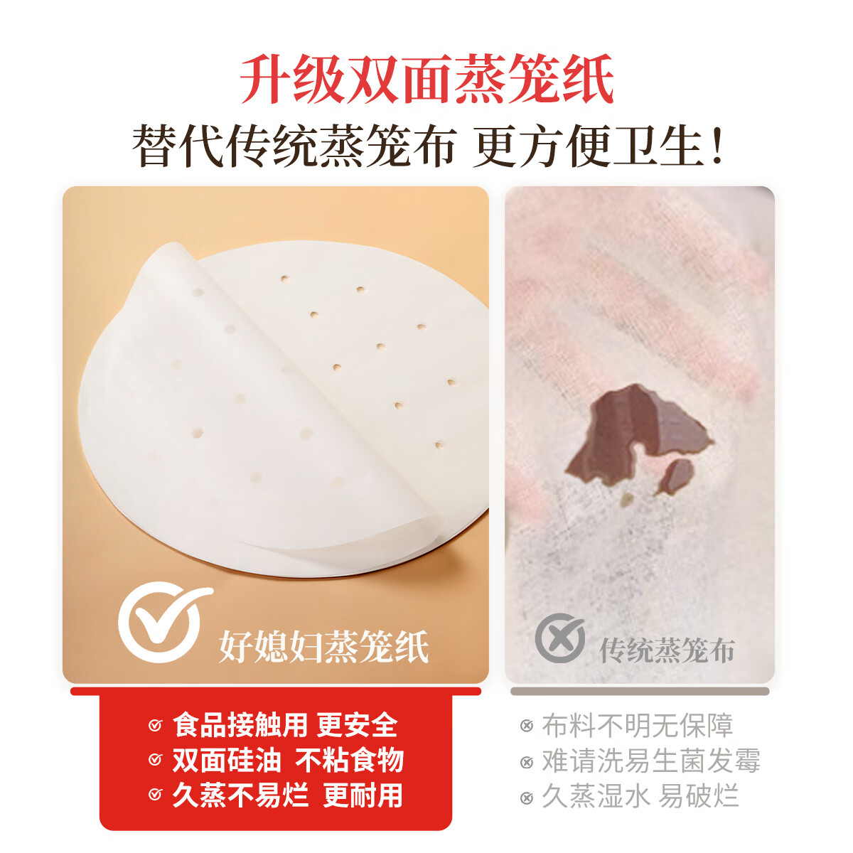 好媳妇 一次性食品级圆形蒸屉纸包子馒头垫纸/蒸笼纸 直径25.4cm 50张 HD-5982高清大图