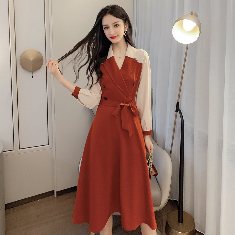 2020春季新款网红显瘦气质拼接裙子中长款长袖连衣裙女潮