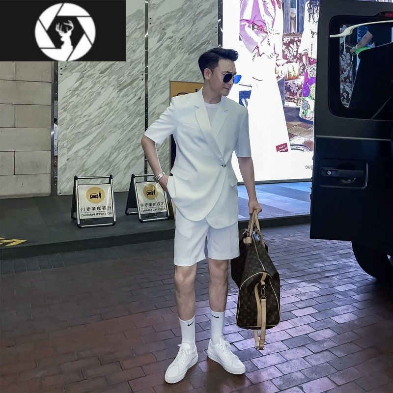 hongzun两件套夏季男士休闲短裤西服套装男港风高颜痞帅纯色潮男短袖