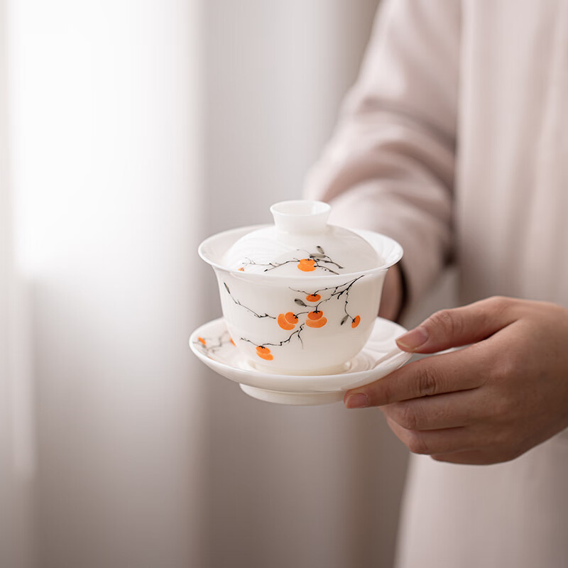 苏氏陶瓷(SUSHI CERAMICS) J0254-1 手绘柿柿如意盖碗小套装(一盖碗两茶杯) 三件套 (单位:套)高清大图