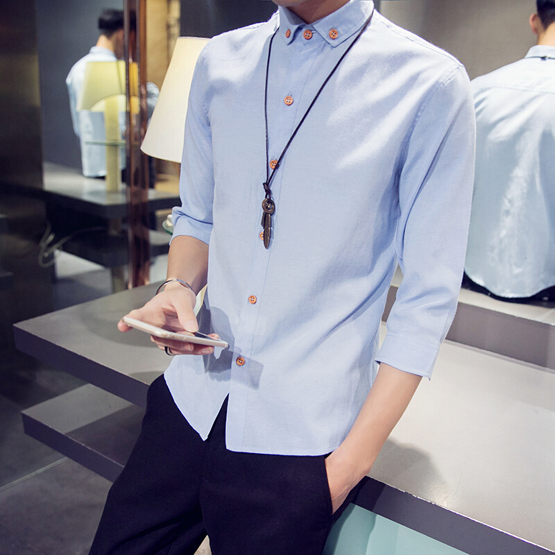 夏季白衬衫短袖修身男士7七分袖衬衣服中袖韩版潮流男装寸衫学生