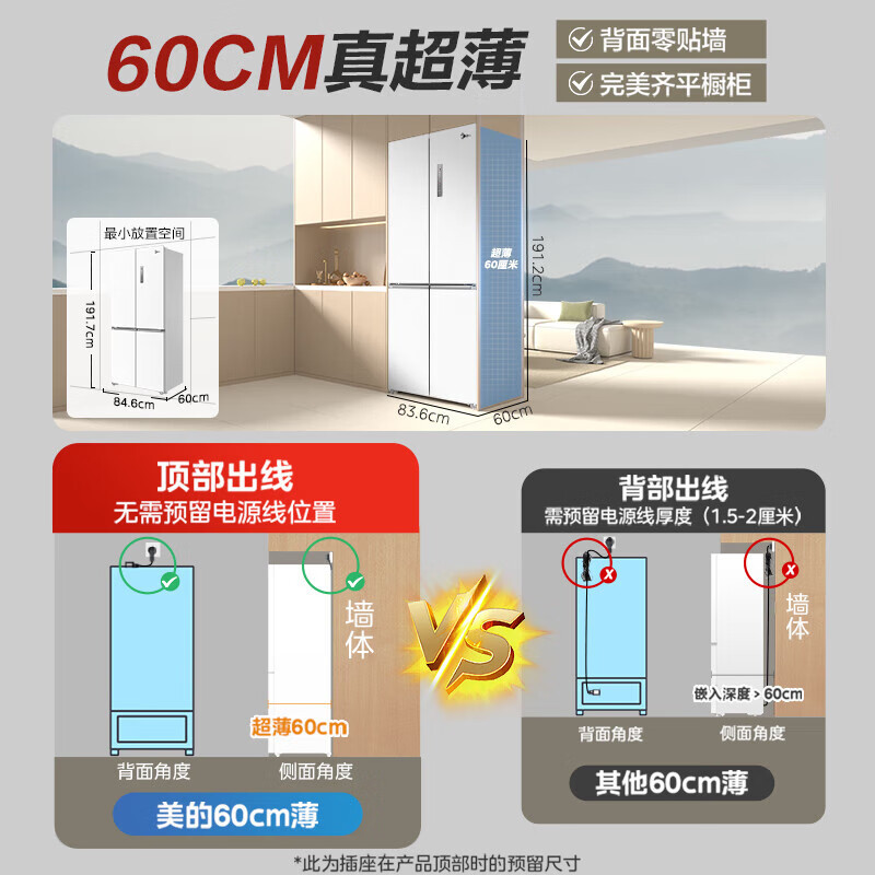 美的(Midea)60厘米薄系列483升十字双开门四门超薄嵌入超大容量家用智能冰箱一级变频BCD-483WSPZM(E)高清大图