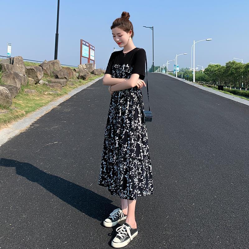 连衣裙女2021夏新款大码女装中长款雪纺拼接碎花裙气质高腰显瘦裙 图片色(优质面料 短袖) S