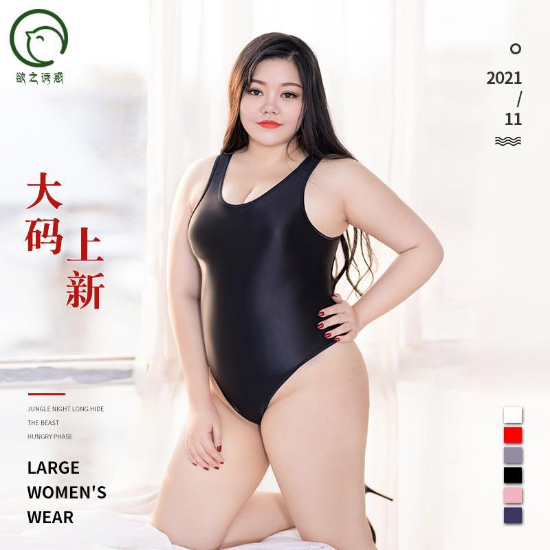 情趣内衣欲之诱惑大码油亮高弹镂空透视紧身开档连体泳衣情趣内衣 黑色 加肥