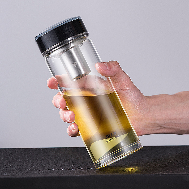 万象单层玻璃杯加厚便携杯男大容量带滤网办公室商务透明水晶水杯