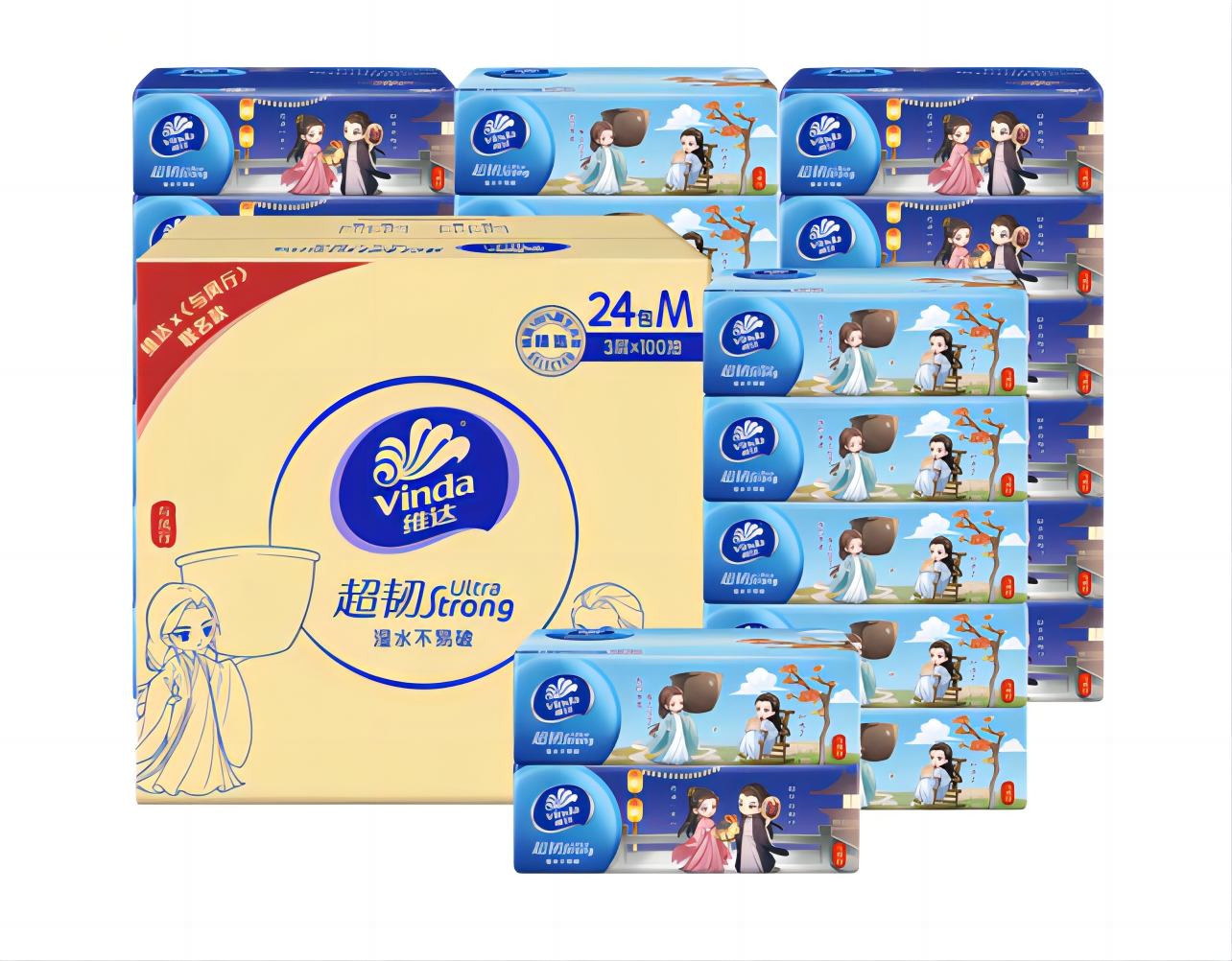 维达(Vinda)抽纸 超韧3层100抽*24包M码 与凤行联名款 湿水不易破 整箱 f
