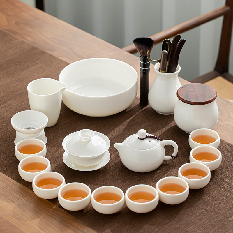 苏氏陶瓷(SUSHI CERAMICS)羊脂玉白瓷功夫茶具套装德化中国白三才盖碗泡茶壶茶洗大套礼盒装