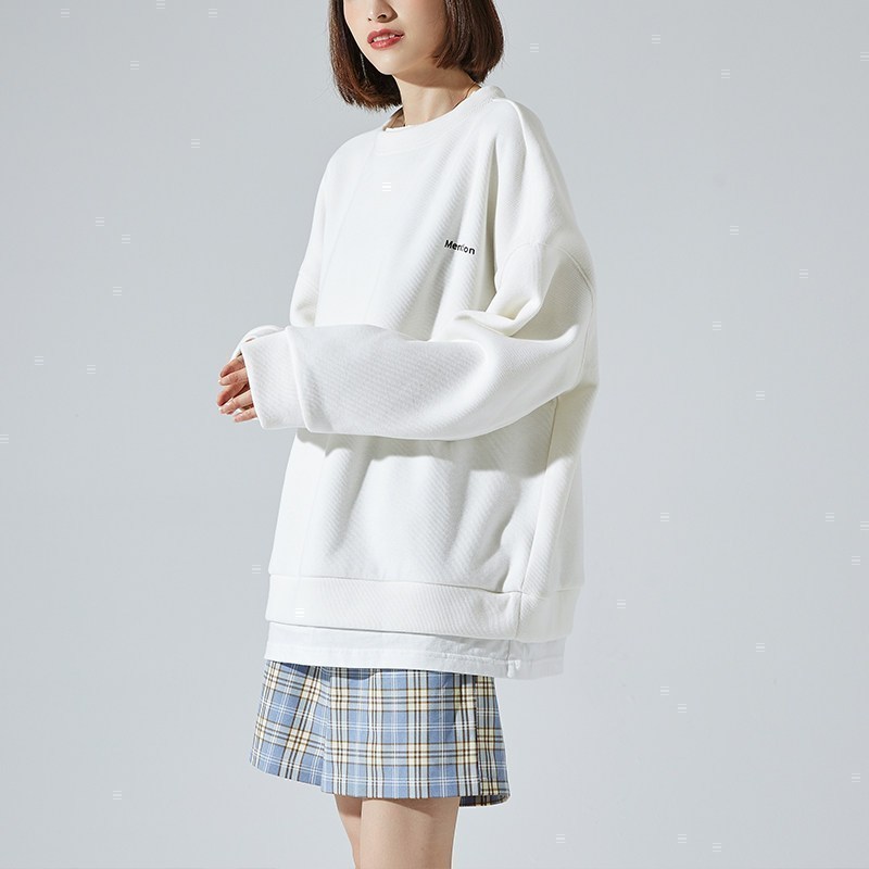 唐狮新款圆领卫衣女假两春秋薄款overize宽松上衣bf慵懒风