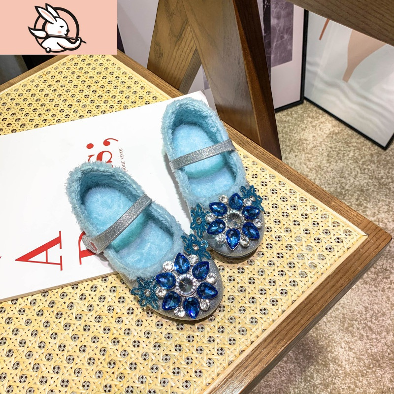 HUAYANGTU女童爱莎公主鞋软底2020年秋冬新款儿童加绒洋气水晶女孩单鞋皮鞋皮鞋童