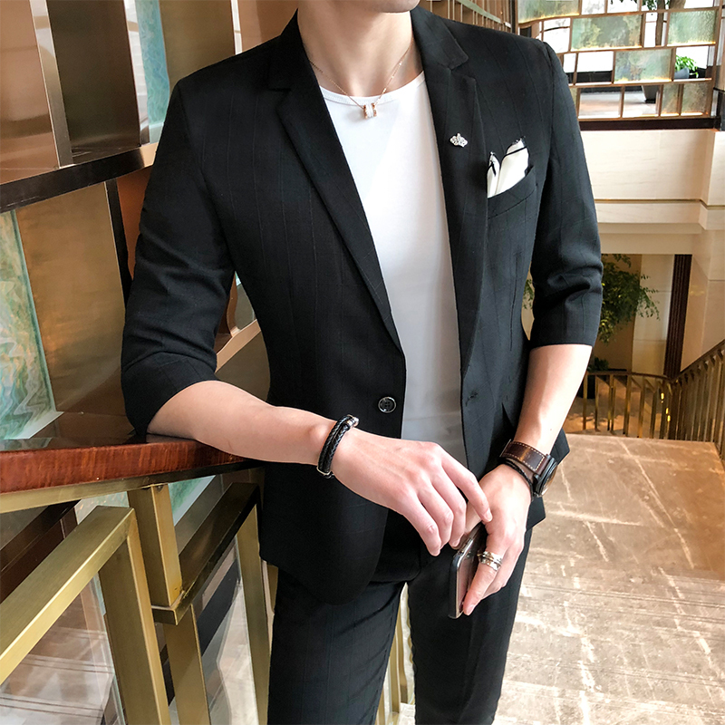 新款男士时尚格纹中袖西服套装型师气质修身七分袖西服男商务潮