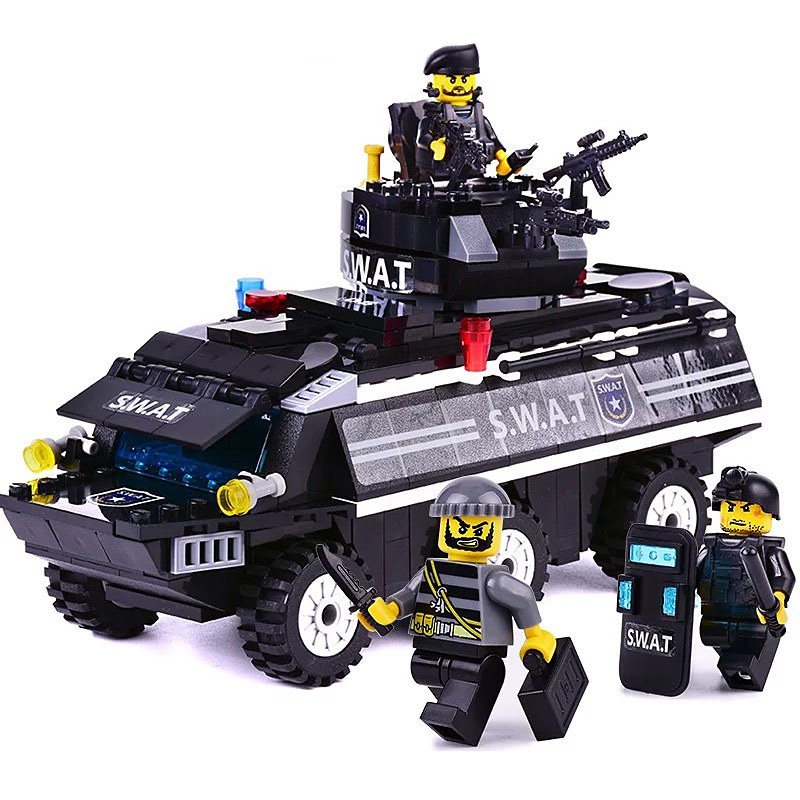 小颗粒拼装积木防爆特警拼装警察局614岁男孩玩具生日礼物装甲车349颗