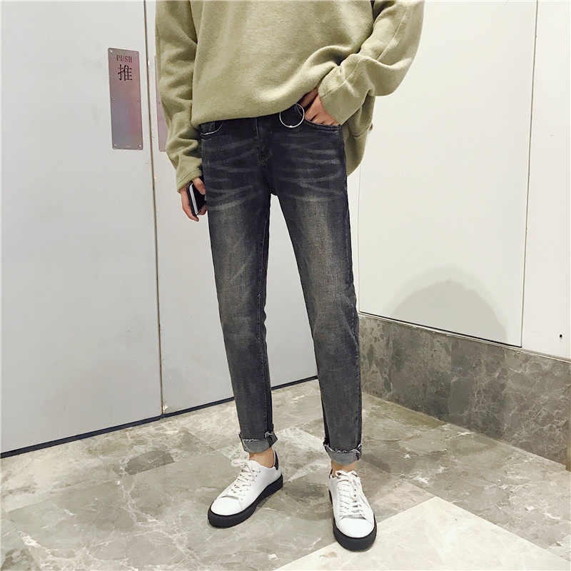 2018春季新品韩版港风百搭水洗铁圆环毛边修身牛仔裤青年小脚男裤