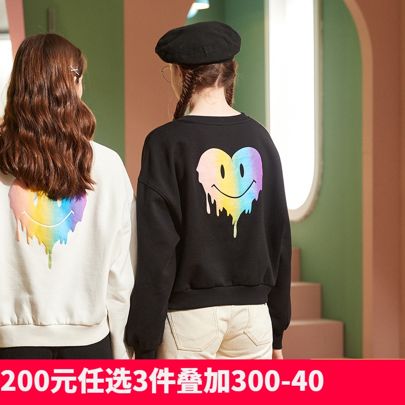 [2.5折价63元]唐狮新款女卫衣圆领发泡印甜酷短款闺蜜卫衣in潮加绒短上衣