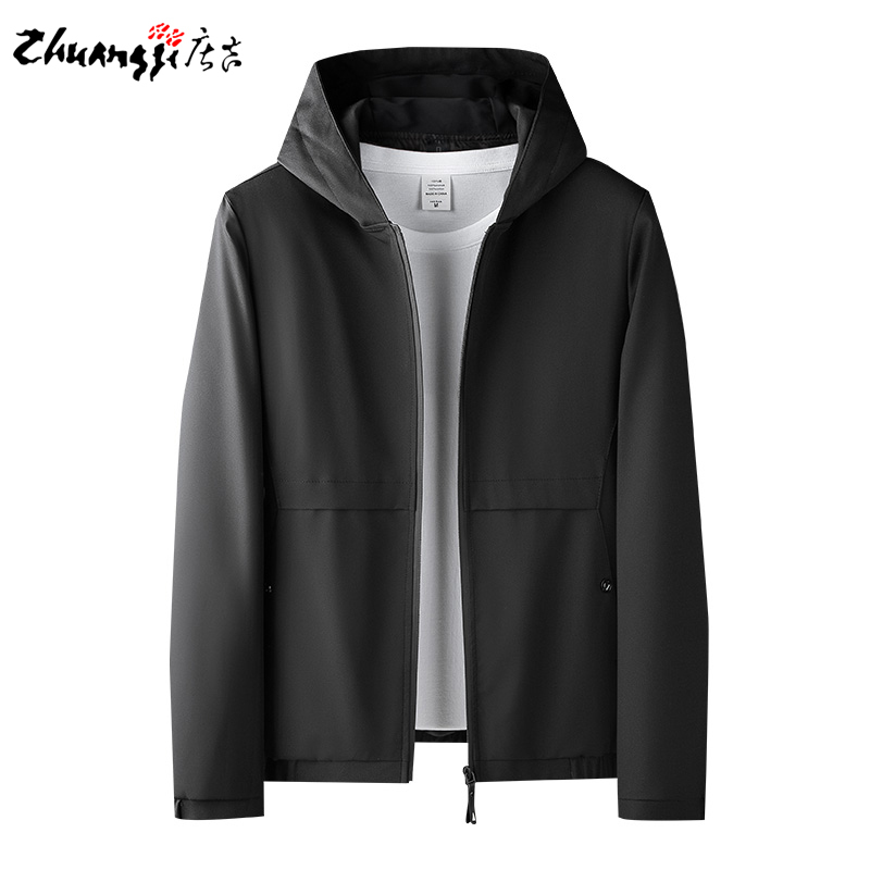 庄吉男士休闲夹克带帽韩版春秋冬加绒加厚拉链学生连帽上衣男外套