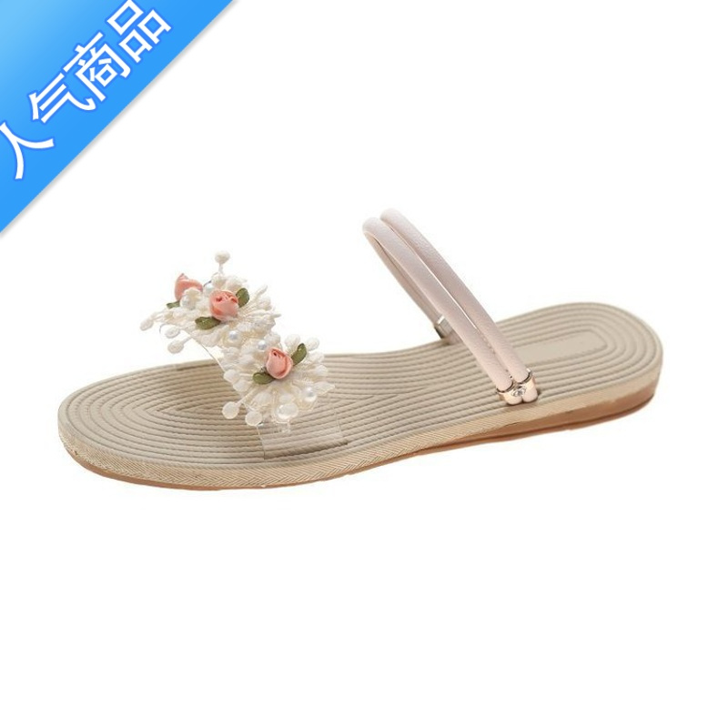 SUNTEK网红两穿凉拖鞋女ins潮2023新款仙女风花朵一字带平底沙滩凉鞋女