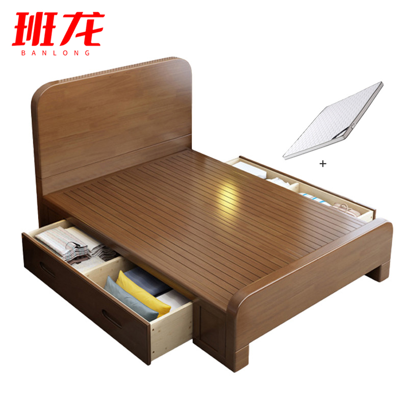 班龙床1.35*2米+床垫胡桃色套高清大图
