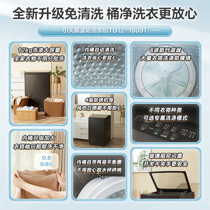 小天鹅(LittleSwan)波轮洗衣机全自动 12公斤大容量 免清洗不脏桶 [TB12-1809T]一级能效高清大图