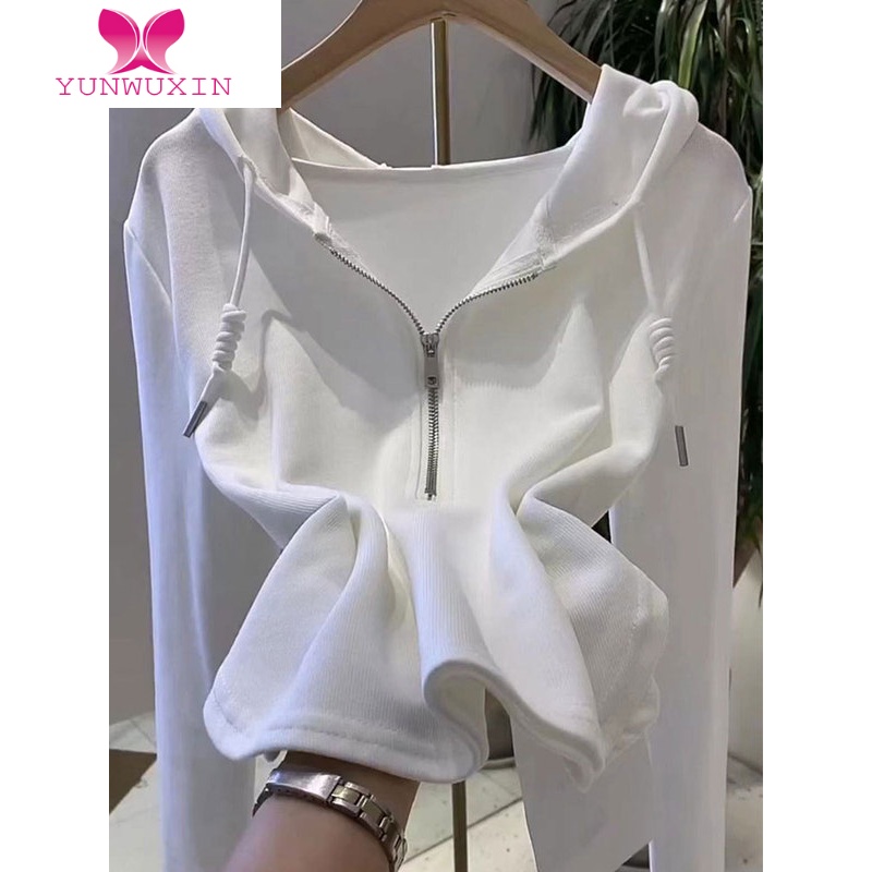 YUNWUXIN白色连帽卫衣女不规则早秋2022新款韩版显瘦遮肚长袖拉链上衣