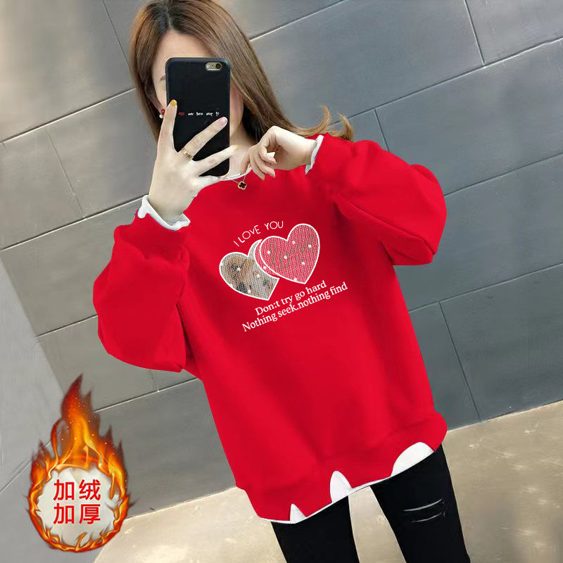 假两件秋冬款上衣时尚不规则宽松显瘦ins加绒/不加绒百搭女士卫衣 L建议101-120斤 加绒加厚-透明爱心【大红色】