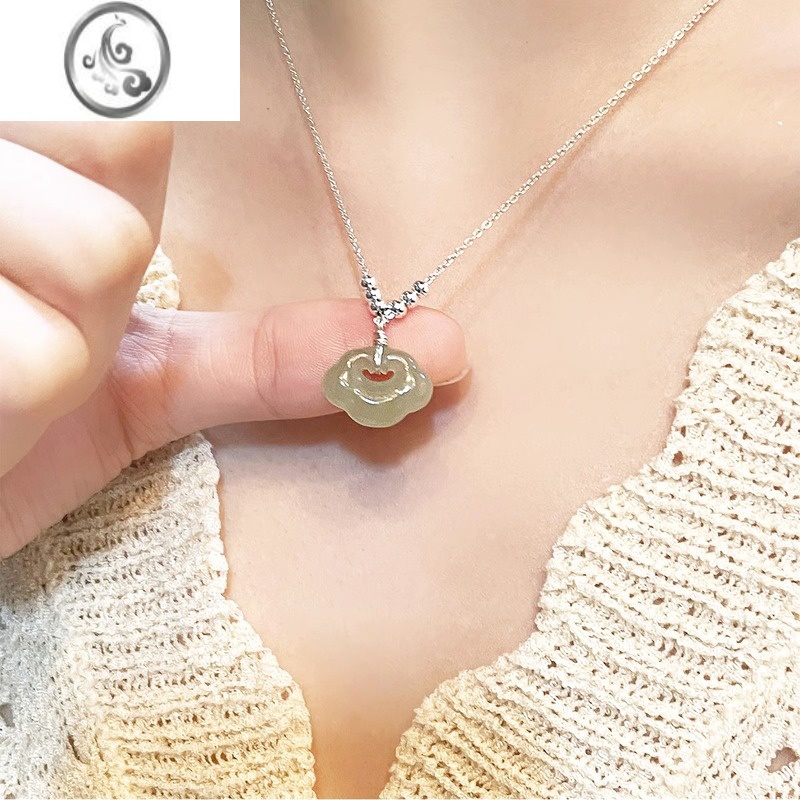 JiMi玉石如意锁项链女夏新中式气质轻奢小众锁骨链国风复古高级感颈链 浅色玉石如意锁项链