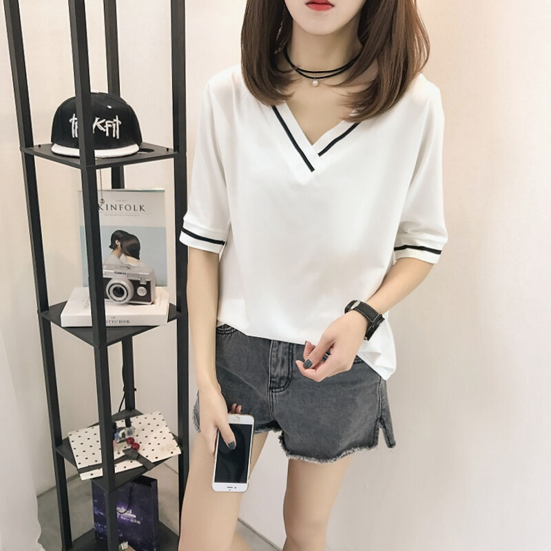大码女装胖mm短袖T恤女2018夏季新款v领上衣条纹显瘦打底衫200斤