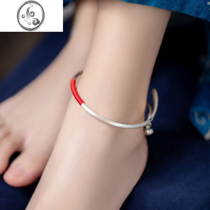 jimi银脚镯女银银古风脚链复古雕刻花纹流苏吊坠开口可调节银镯子脚环