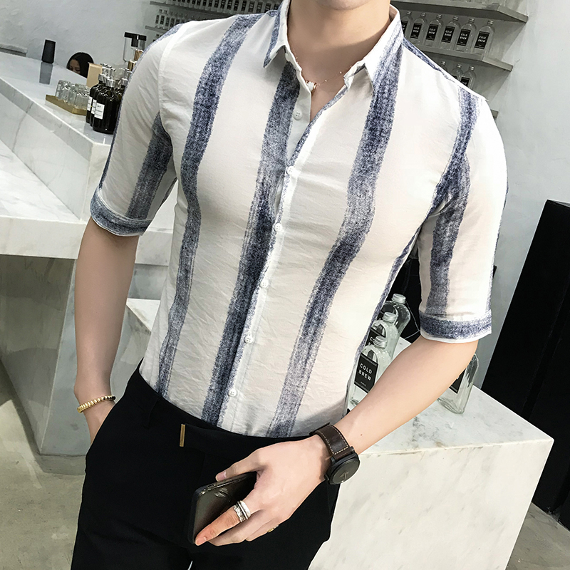 夏款五分袖衬衫男修身型师休闲中袖条纹短袖衬衣韩版气质五分袖