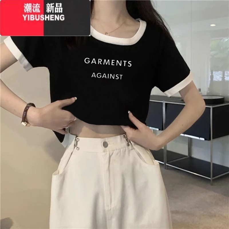 YIBUSHENGt恤女短袖季2024新款显瘦拼色短款上衣修身时尚小众体恤潮高清大图