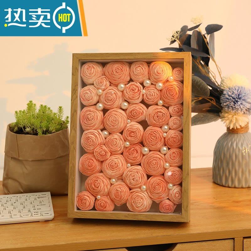 敬平卫生摆台中空画框干花手工diy永生花保存情侣礼物 白色中空5cm 送珍珠+丝带+胶水+底纸+灯带(不含纸巾玫瑰花)图片